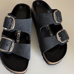 Birkenstock Charcoal Sandals with Metallic Buckles